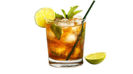 PNG Refreshing Iced Tea Cocktail Lime, Mint, Ice, and Straw isolated on transparent background