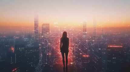 Fototapeta premium Abstract business woman stands on Smart digital Innovation city with connection network reciprocity over the twilight cityscape. of future wireless digital city and social media networking systems