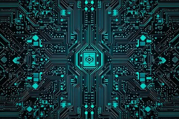 Abstract close-up of a glowing blue digital circuit board, showcasing intricate connections and technological design on a black background.
