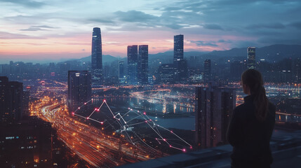 Abstract business woman stands on Smart digital Innovation city with connection network reciprocity over the twilight cityscape. of future wireless digital city and social media networking systems