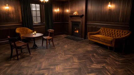 Elegant Dark Wood Room Interior with Fireplace and Furniture
