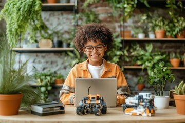 Teenager engages in robotics while working on laptop indoors surrounded by plants