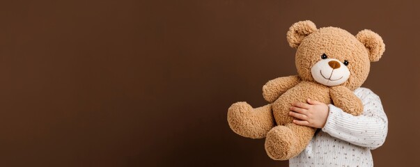 A cozy child holds a soft teddy bear against a warm brown background, radiating comfort and innocence.