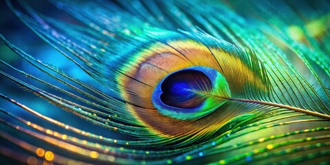 Obraz premium Close-up view of a vibrant iridescent peacock feather with intricate details and a bokeh background