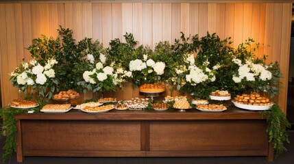Elegant Dessert Buffet With White Flowers And Greenery