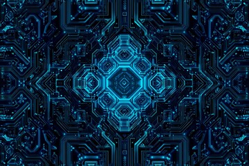 Abstract close-up of a glowing blue digital circuit board, showcasing intricate connections and technological design on a black background.
