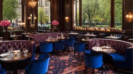 Elegant Dining Room with Deep Blue Chairs and Rich Decor