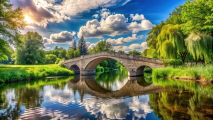 Fototapeta premium Serene Stone Arch Bridge Reflecting in Calm River Waters Under a Summer Sky