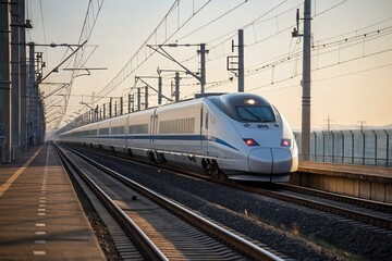 Naklejka premium High-Speed Rail, Isolated Bullet Train on Track, Modern Transportation, Railway, Speed