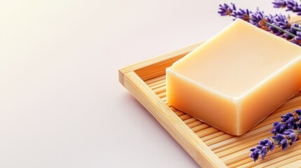 A serene composition featuring a bar of soap resting on a wooden tray adorned with lavender sprigs