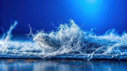Close-up view of a tangled mass of fine fibers against a vibrant blue backdrop
