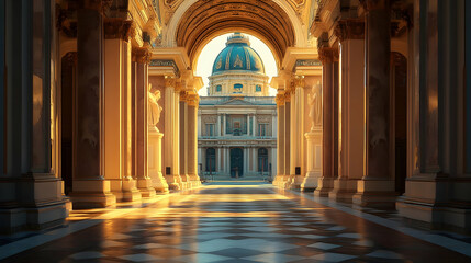 Fototapeta premium A grand architectural corridor leading to a dome structure, illuminated by sunlight.