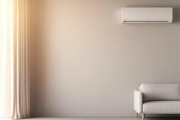 Modern living room interior with a white sofa, air conditioning unit, and soft natural lighting showcasing minimalistic design and neutral tones