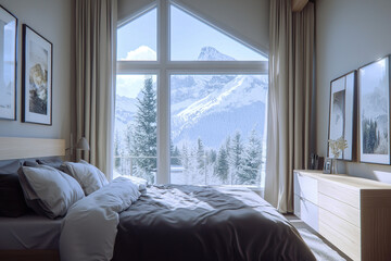 Cozy bedroom with a snowy mountain view through large windows