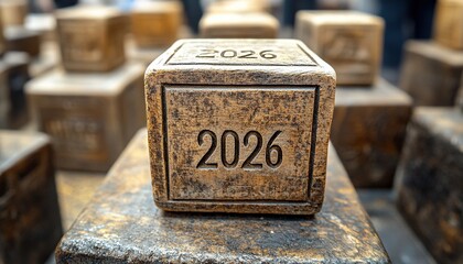 Wooden 2026 block, city square, future event