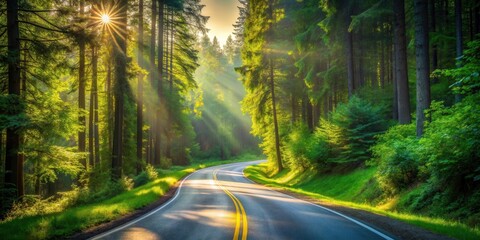 Serene morning sunbeams illuminate a winding road through a lush, verdant forest