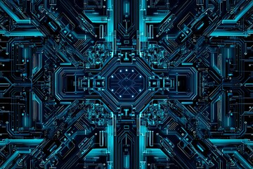 Abstract close-up of a glowing blue digital circuit board, showcasing intricate connections and technological design on a black background.
