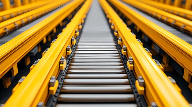 A close-up view of yellow conveyor belts, highlighting their smooth surfaces and parallel lines, suggesting an industrial or manufacturing environment.
