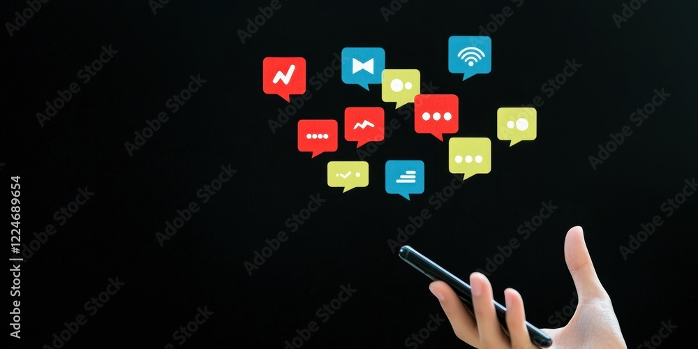 Poster hand holding smartphone with message icons floating