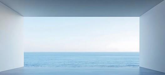 Abstract white wall background of a modern luxury villa interior with a panoramic window showing a beautiful sea view, an empty room for product presentation in minimalistic style