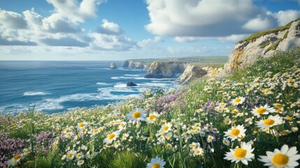 A vibrant coastal landscape showcasing a field of daisies in full bloom, overlooking a serene ocean with cliffs in the background under a bright blue sky filled with fluffy clouds