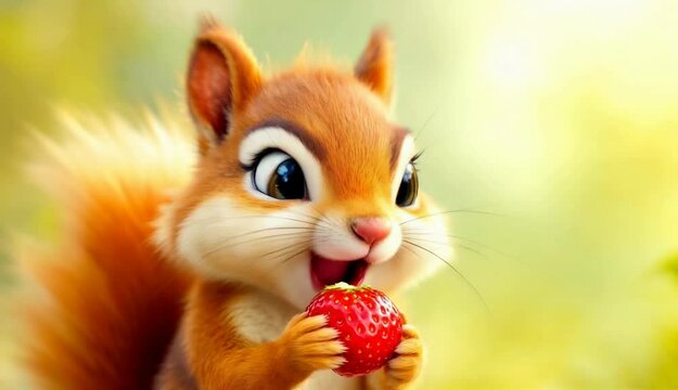 A charming cartoon squirrel happily enjoying a fresh strawberry.  Cute and adorable.