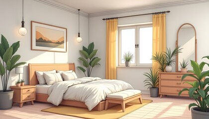 Fototapeta premium Serene Bedroom Design With Minimalist Decor And Plants
