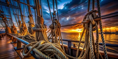 Obraz premium Historic Sailing Ship Rigging & Ropes at Dusk - Low Light Photography