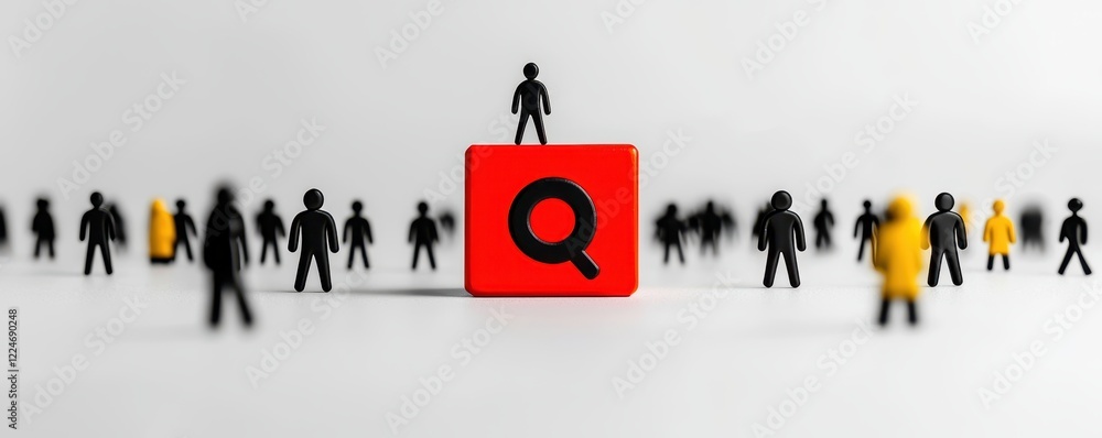 Poster miniature figures with red block and search icon
