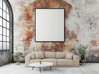 Beige Sofa and Coffee Table in Minimalist Loft Apartment with Rust Textured Wall and Large Blank Canvas