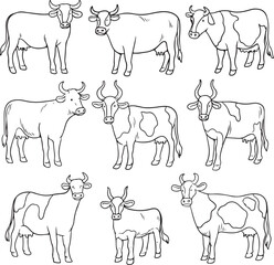 Hand-drawn vector illustration of various cows in different poses and patterns. Perfect for farm designs, agriculture projects, dairy product branding, and educational materials.