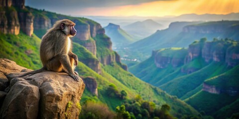 Obraz premium A baboon contemplates a breathtaking panoramic vista of rolling hills and deep valleys during the golden hour