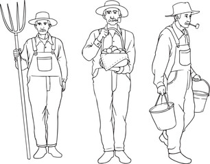 Hand-drawn vector illustration of farmers in different styles. Includes traditional, cartoon, and modern characters with farming tools. Perfect for agriculture, rural life, organic food. 