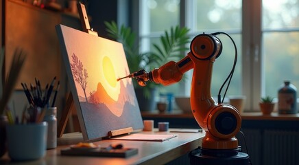 Robotic arm painting a beautiful landscape canvas in a quiet, modern art studio with ambient lighting