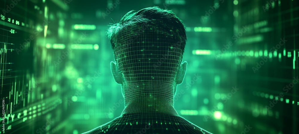 Poster smart human at matrix virtual digital world technology background. generative ai technology.
