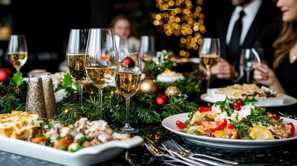 Obraz premium Champagne glasses and festive dishes stand on a decorated dinner table during a Christmas celebration with family.