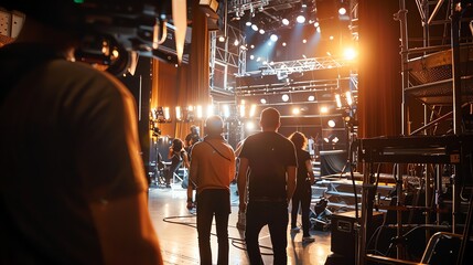 A cameraman films a group of people setting up a stage for a performance.