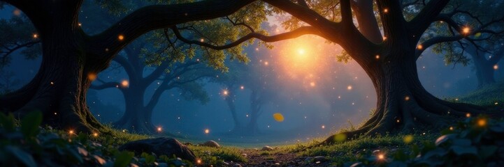 Sparkling starlight amidst the branches of ancient trees, leaves, magical, cosmic