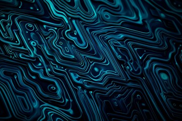 Obraz premium Abstract close-up of a glowing blue digital circuit board, showcasing intricate connections and technological design on a black background. 