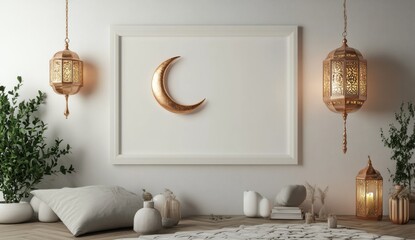 Serene Interior with Moon Decor and Ethnic Lanterns in Warm Tones