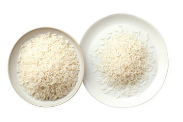 A delightful arrangement of uncooked rice varieties in elegant bowls, showcasing their texture and color contrast in a minimalist setting isolated on transparent background