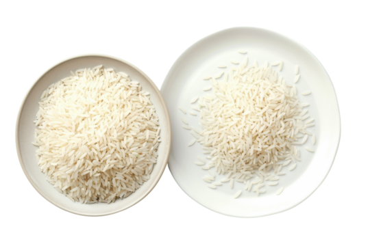 A delightful arrangement of uncooked rice varieties in elegant bowls, showcasing their texture and color contrast in a minimalist setting isolated on transparent background