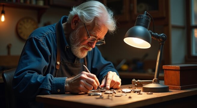 Senior watchmaker concentrating on fixing intricate vintage watches at a workshop table