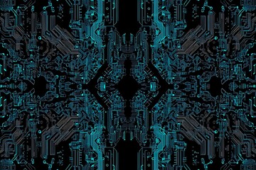 Abstract close-up of a glowing blue digital circuit board, showcasing intricate connections and technological design on a black background.
