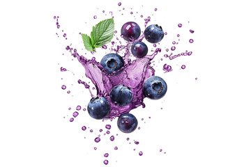 Fresh blueberries with splashing purple juice and green leaf isolated on white or transparent, PNG