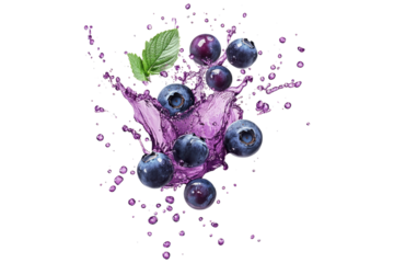 Fresh blueberries with splashing purple juice and green leaf isolated on white or transparent, PNG