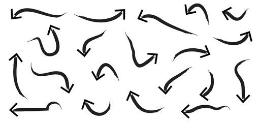 Hand-drawn Doodle arrows icon set or graphics collection. Pointer icons. Pointer graphic symbols. Sketch arrow design for business plan and education. Vector illustration.