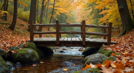 Charming rustic wooden bridge over a tranquil stream in a vibrant autumn forest with colorful leaves