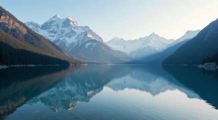 Tranquil mountain lake capturing stunning reflections of towering snow-capped peaks at dawn