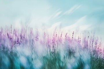 Fototapeta premium Soft focus of lavender flowers swaying in the breeze under a pastel sky at sunset, evoking tranquility